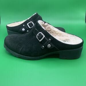 Womens UGG Australia Lila Sheepskin Lined Black Suede Mule Clogs Sz 9